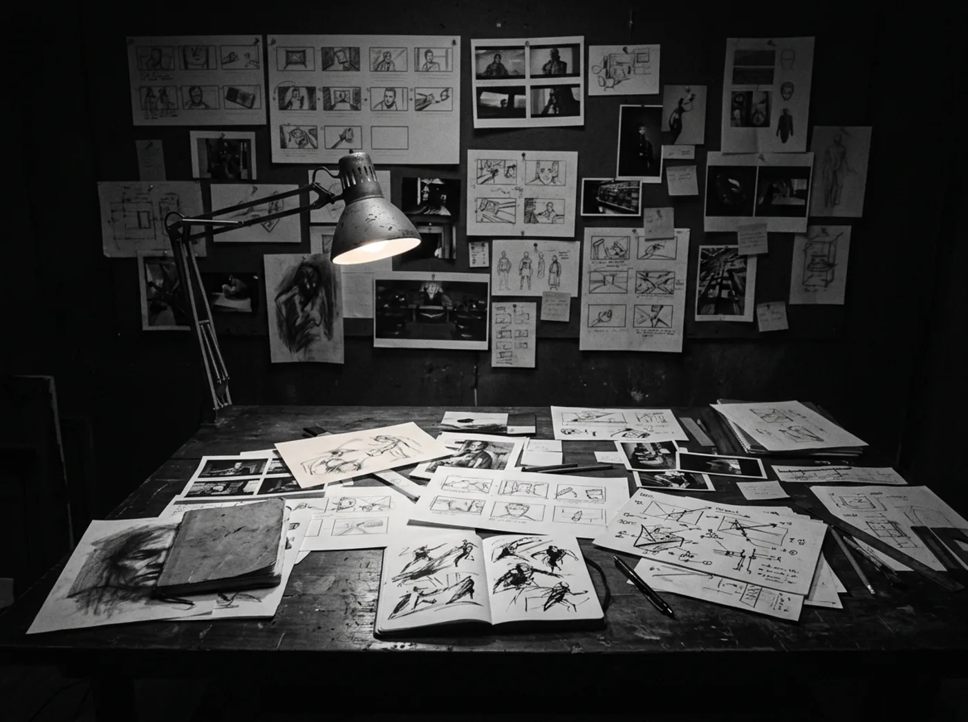 NOKTIS studio worktable — storyboards, sketches, and concept frames under a single lamp