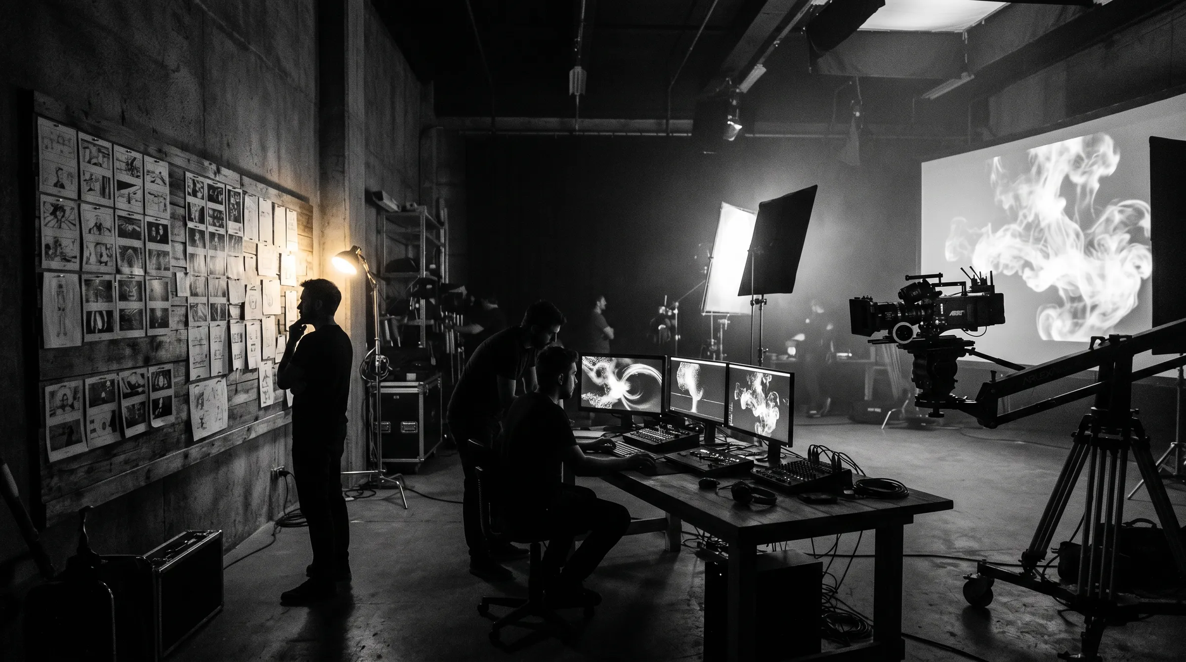 NOKTIS production studio — storyboards, monitor bank, projection screen and camera rig